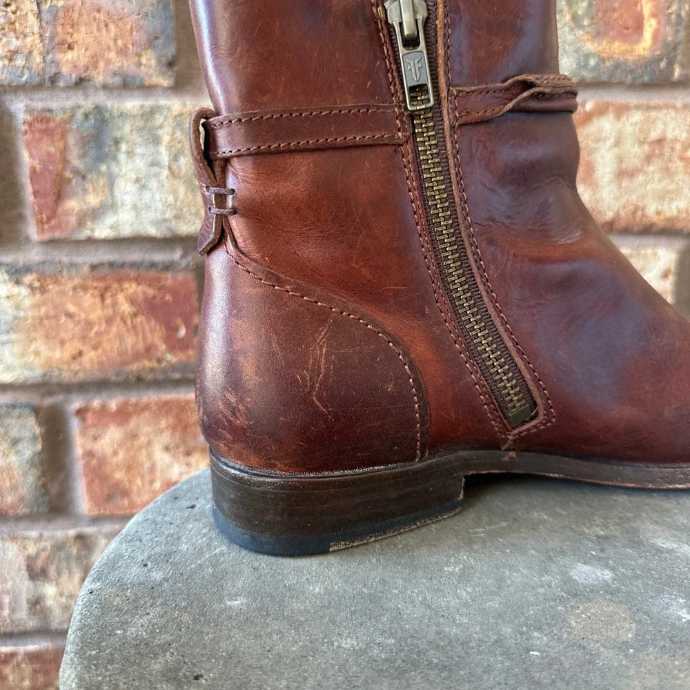 Frye Melissa Seam Short Belted Brown Leather Ankle Boots 6.5B Bootie Fall